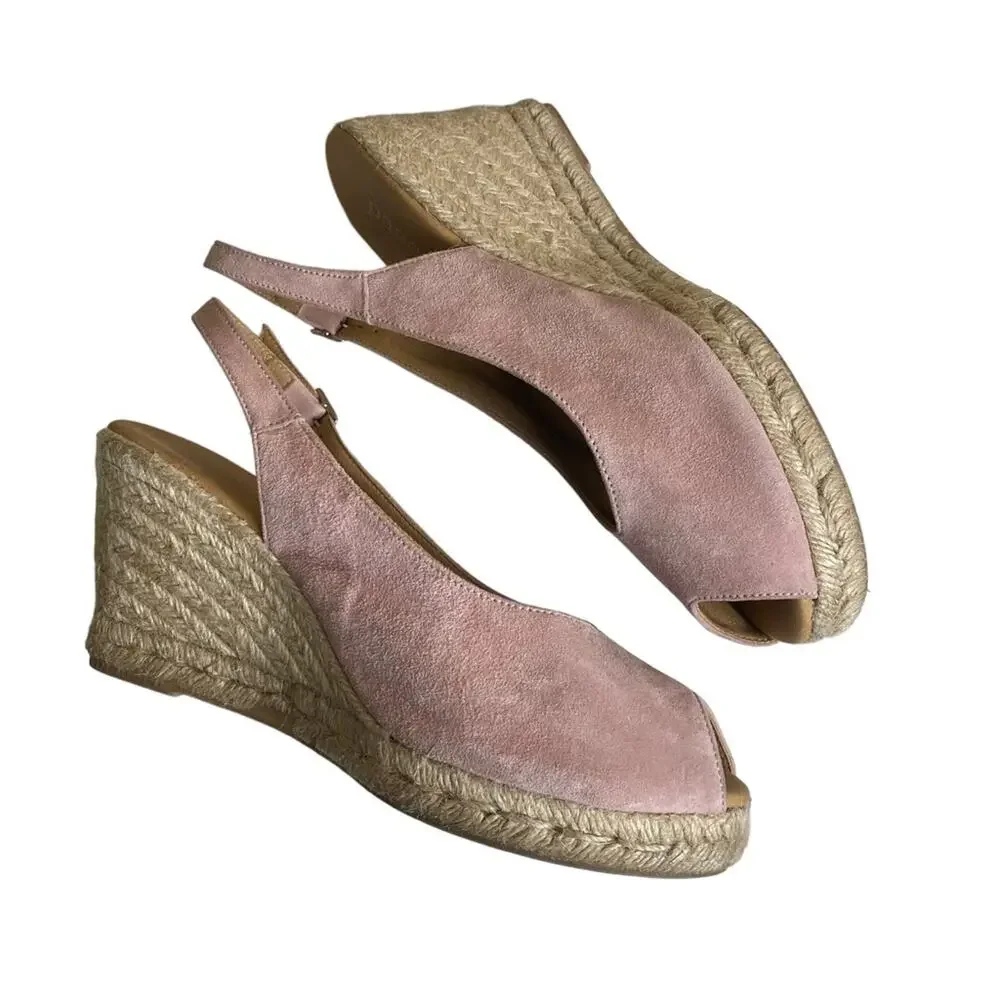 Paseart Pink Suede Leather Espadrille Wedges‎ Peep Toe Shoes Women's 40 US 10